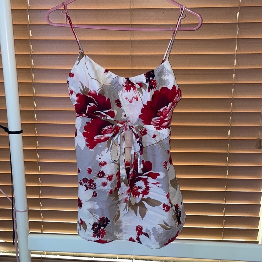 Honey Punch red and white floral milkmaid blouse.